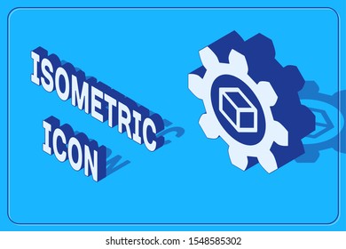 Isometric Product development icon isolated on blue background. Gear and cube. Product development symbol design from Startup collection.  Vector Illustration
