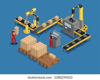 Isometric product factory. 3D conveyor line. Automated system process of assembly. People and machine in business. Robotic industrial production. Vector current illustration concept