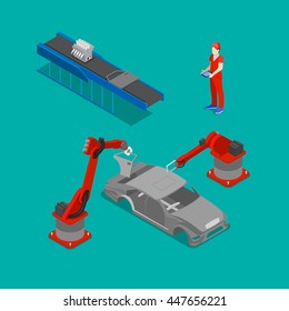 Isometric Production. Assembly Line Of Car In Automobile Factory. Vector Flat 3d Illustration