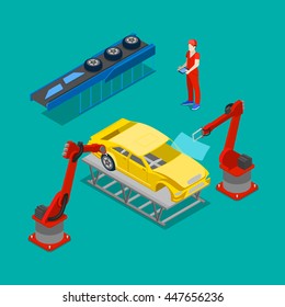 Isometric Production. Assembly Line Of Car In Automobile Factory. Vector Flat 3d Illustration