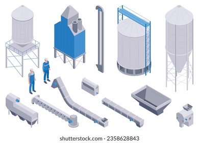 Conjunto isométrico de elevador de grano de producción de íconos aislados con caracteres de silos de obreros y estribo de ilustración vectorial auger