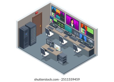 Isometric Profesional video studio. TV station, producer, broadcast control room. Show production maker. Television. Video equipment