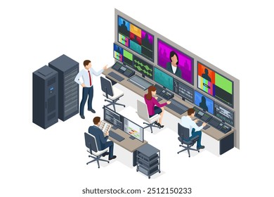 Isometric Profesional estúdio de vídeo. Estação de TV, produtor, sala de controle de transmissão. Mostrar fabricante de produção. Televisão. Equipamento de vídeo