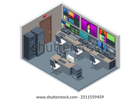 Isometric Profesional video studio. TV station, producer, broadcast control room. Show production maker. Television. Video equipment