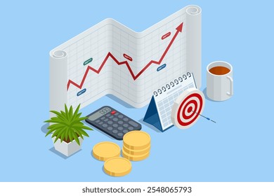 Isometric Professional analyzing financial data graphs, business analysis, analytics, research, strategy statistic, planning, marketing. Financial analysis or business evaluation concept