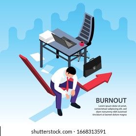 Isometric professional burnout background with exhausted man at his work place in office 3d vector illustration