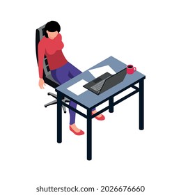 Isometric professional burnout office composition with female character of worker leaning on chair vector illustration