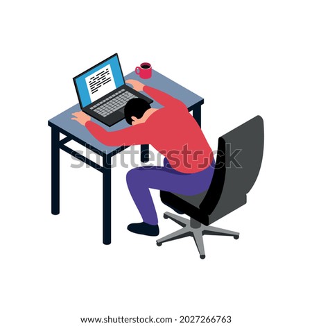 Isometric professional burnout office composition with view of working place with sleeping man vector illustration