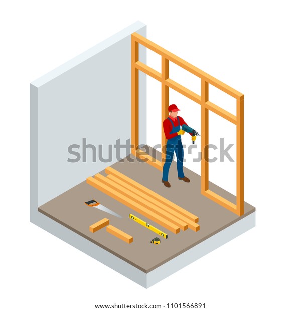 木に穴を開けるアイソメプロの大工 建設業 新築住宅 建設内装 木材 木材 ベクターイラスト のベクター画像素材 ロイヤリティフリー