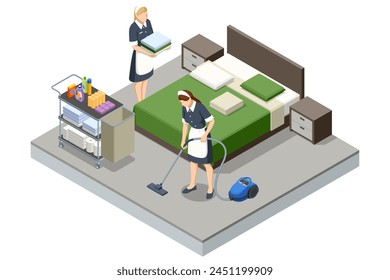 Isometric Professional chambermaids cleaning floor in hotel room. Chambermaid in uniform using vacuum cleaner while cleaning floor covering in one of hotel room