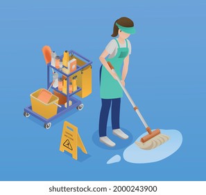 Isometric professional cleaning service composition a woman cleaning the floors at her workplace vector illustration