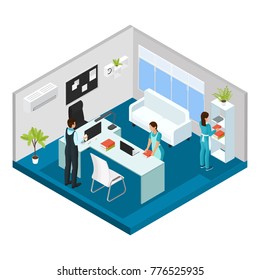 Isometric professional cleaning service concept with cleaners wearing uniform working in office isolated vector illustration
