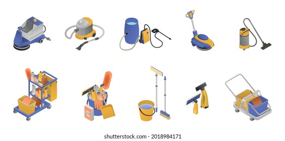 Isometric professional cleaning service icon set tools and equipment to help with cleaning vector illustration