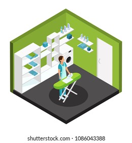 Isometric professional cleaning service template with woman ironing towels in room isolated vector illustration