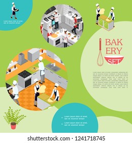Isometric professional cooking in bakery concept with waiter chefs and assistants preparing different dishes vector illustration
