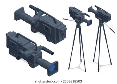Isometrische professionelle digitale Videokamera. Die Videokamera mit dem Mikrofon steht auf dem Stativ einzeln auf weiß, Konzept der Technologie, modern, Unterhaltung.