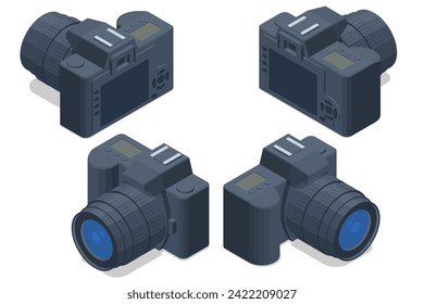 Isometric professional DSLR photo camera, Digital camera. Media technology and photography concept