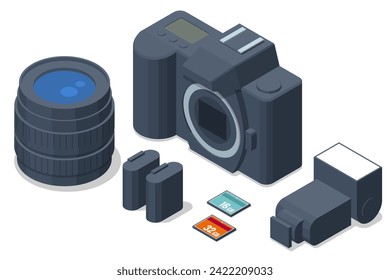 Isometric professional DSLR photo camera, Digital camera. Media technology and photography concept