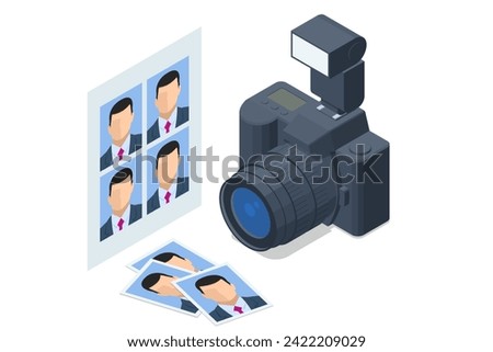 Isometric professional DSLR photo camera, Digital camera. Media technology and photography concept