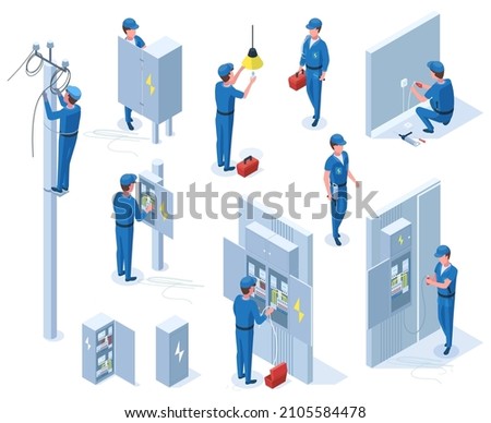 Isometric professional electricians, workers repair power line. Electrician occupation, characters with electrical equipment vector illustration. Electrician profession repair, isometric professional