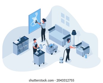 Isometric professional house cleaning service team at work. Cleaning service employees clean, wash and vacuum living room vector illustration. Professional cleaners team cleanup room and do housework