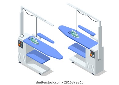 Isometric professional ironing table isolated with steam iron and support arm for dry cleaning and laundry service. Commercial textile finishing equipment for garment care and fabric pressing