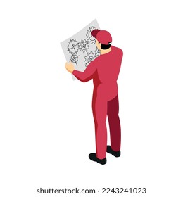 Isometric professional mechanic in uniform looking at blueprint 3d vector illustration