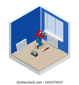 Isometric Professional plumber worker installing heating radiator in an empty room of a newly built apartment or house. Construction, maintenance and repair concept. Vector illustration