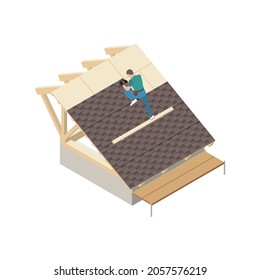 Isometric professional roofer working on roof of unfinished building 3d vector illustration