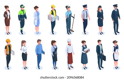 Isometric professionals, businessman, doctor, cook, policeman, engineer. Different occupation, teacher, waitress, pilot vector illustration set People professions diverse Female and male characters