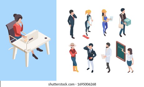 Isometric professions. 3d people service workers business persons male female vector illustrations