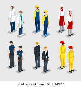 Isometric professions collection with male doctor painter chef policeman manager firefighter isolated vector illustration