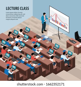 Isometric professor lecture class background with editable text and indoor view of classroom with desk rows vector illustration