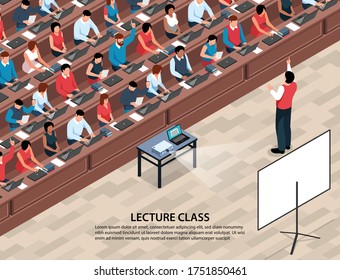 Isometric professor lecture class background with characters of students and lecturer in front of projection screen vector illustration