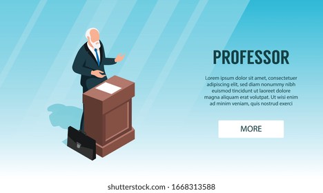 Cartel horizontal de clase de profesor asimétrico con el personaje de profesor de alto nivel hablando en tribune con ilustración de vector de texto