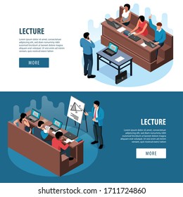 Isometric professor lecture class set of two horizontal banners with people editable text and more button vector illustration