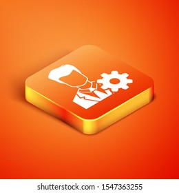Isometric Profile settings icon isolated on orange background. User setting icon. Profile Avatar with cogwheel. Account icon. Male person silhouette.  Vector Illustration