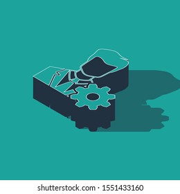 Isometric Profile settings icon isolated on green background. User setting icon. Profile Avatar with cogwheel. Account icon. Male person silhouette.  Vector Illustration