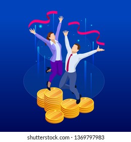 Isometric profit, fortune and success, successful investment concept. Man and woman is glad a lot of money, success, good luck.