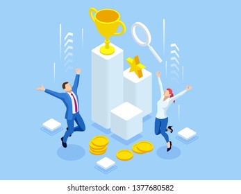 Isometric profit, fortune and success, successful investment concept. Man and woman is glad a lot of money, success, good luck.