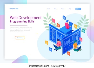 Isometric programmer coding new project. Web Development and Programming Skills for website. WEB Banner illustration project team of engineers for website, PHP, HTML, C++, CSS, Js.