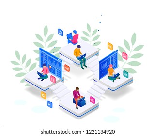 Isometric programmer coding new project. Web Development and Programming Skills for website. WEB Banner illustration project team of engineers for website, PHP, HTML, C++, CSS, Js.