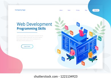 Isometric programmer coding new project. Web Development and Programming Skills for website. WEB Banner illustration project team of engineers for website, PHP, HTML, C++, CSS, Js.