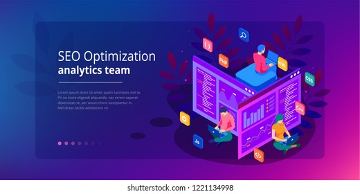 Isometric programmer coding new project. Web Development and Programming Skills for website. WEB Banner illustration project team of engineers for website, PHP, HTML, C++, CSS, Js.