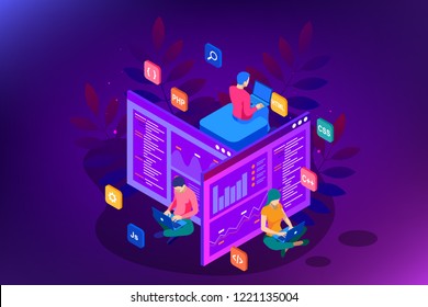 Isometric programmer coding new project. Web Development and Programming Skills for website. WEB Banner illustration project team of engineers for website, PHP, HTML, C++, CSS, Js.