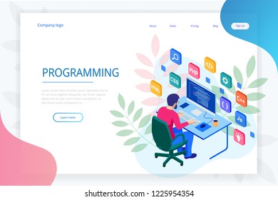 Isometric programmer coding new project. Web developer, programming concept. Landing page or mobile website development template.