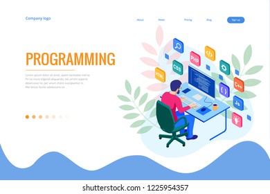 Isometric programmer coding new project. Web developer, programming concept. Landing page or mobile website development template.