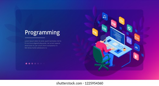 Isometric programmer coding new project. Web developer, programming concept. Landing page or mobile website development template.