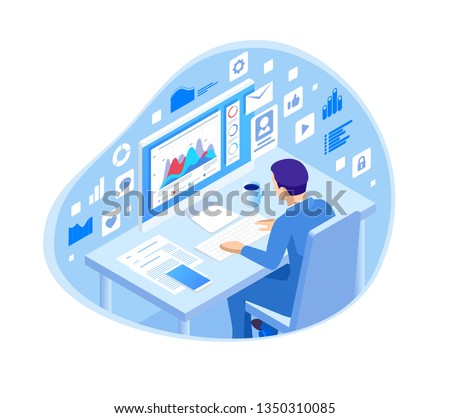 Isometric programmer coding new project sitting on computer with command line web development, programming concept banner Digital devices programmer creating website writing computer software
