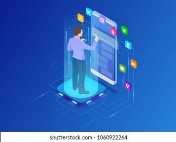Isometric programmer working in a software develop company office. Developing programming and coding technologies concept. UX UI User Interface and User eXperience Process.